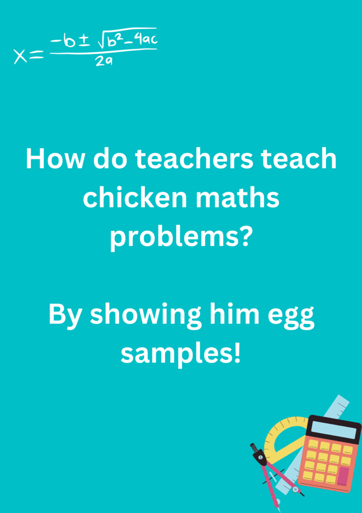 Funny joke about teachers teaching chickens some maths problem, on a blue background. The image has text and various emoticons. 