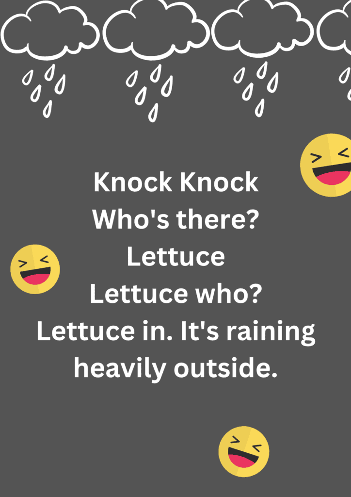 A classic and funny knock-knock joke, on grey background. The image has text and various emoticons. 