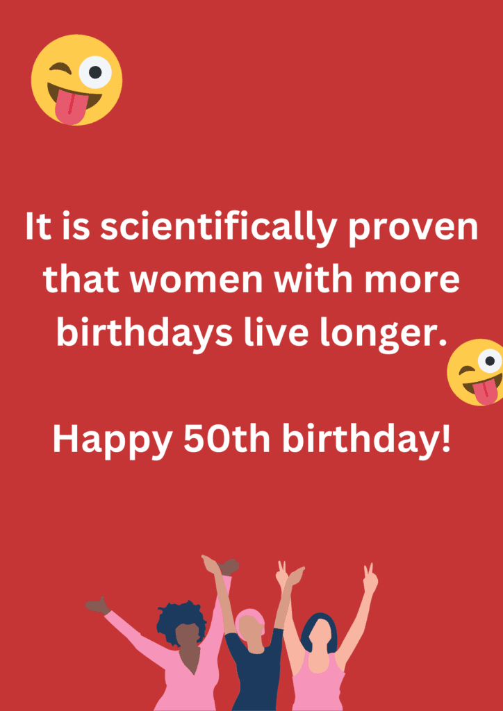 Funny joke about women with more birthdays and longer lives. The image has text and emoticons. 