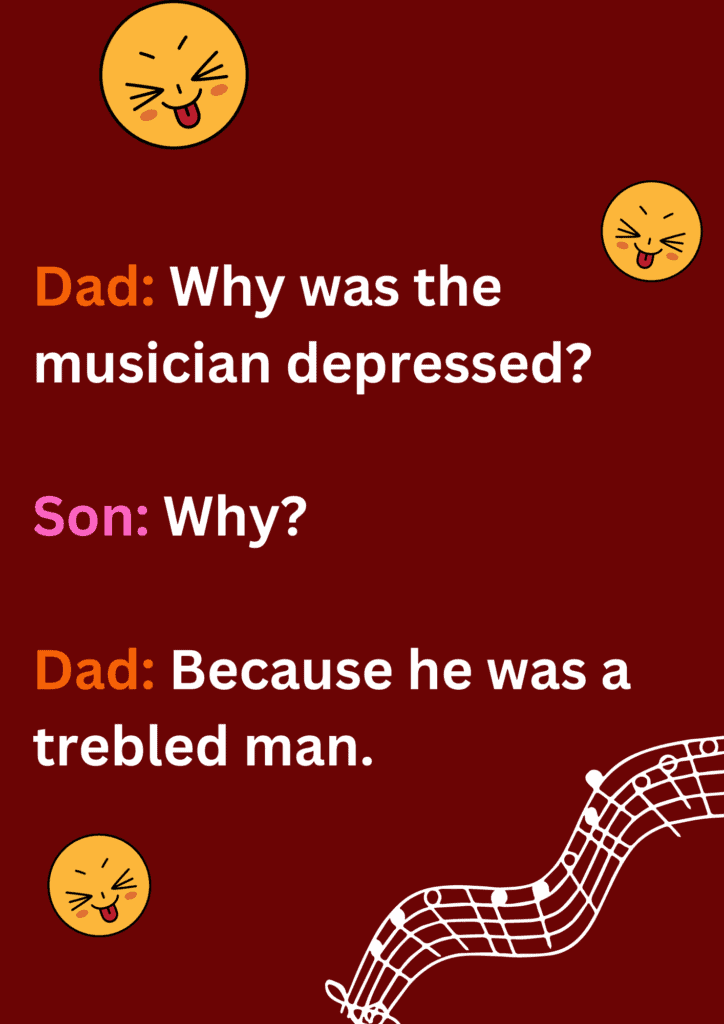 A funny joke about dad asking hi son about a depressed musician, on maroon background. The image has texts and emoticons. 