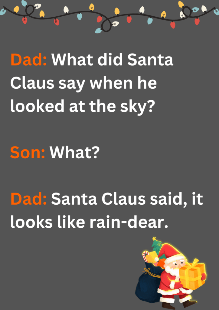 Dad joke about Santa looking up to the sky, on a grey background. The image has text and emoticons. 