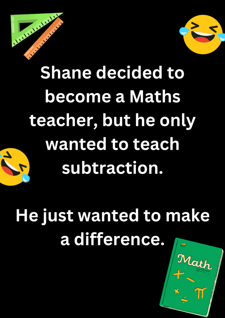 Funny joke about Shane wanting to about a Maths teacher, on a black background. The image has text and various emoticons. 
