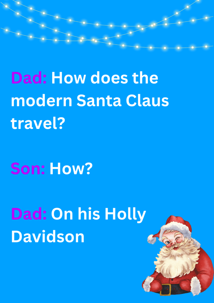 Dad joke about Santa and his bike, on a blue background. The image has text and various emoticons. 