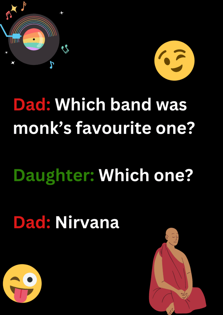 Joke between dad and daughter about monk's favorite music band, on a black background. The image has text and emoticons. 