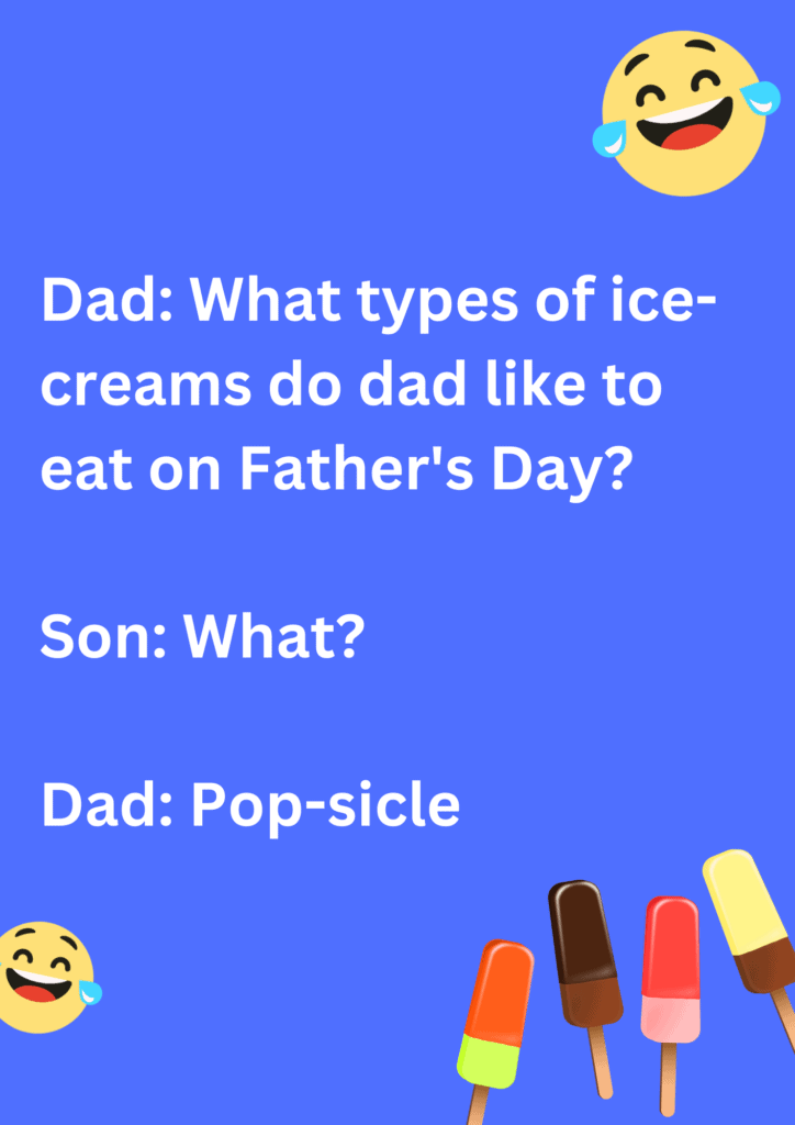 Dad joke about dad and ice creams they love, on a purple background. The image has text and emoticons. 