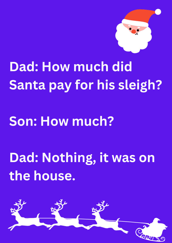 Dad joke about Santa and his sleigh, on a purple background. The image has text and emoticons. 