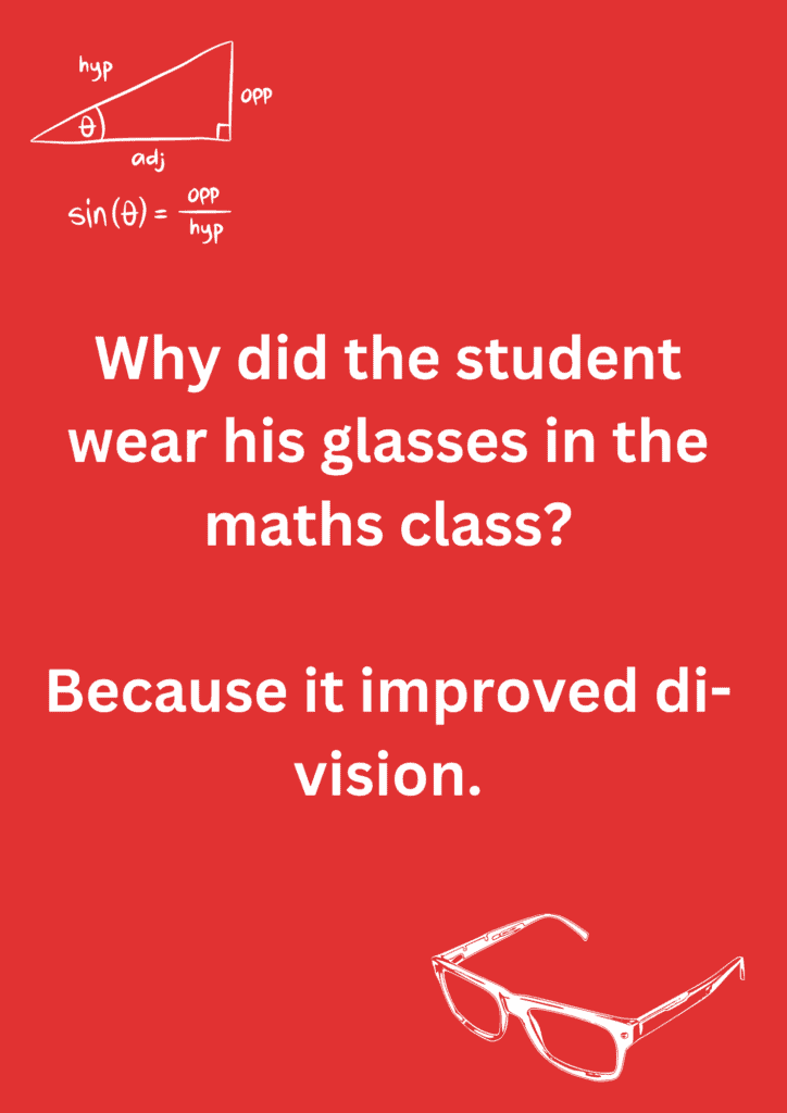 Funny math joke about a student wearing his classes, on a red background. The image has text and emoticons. 