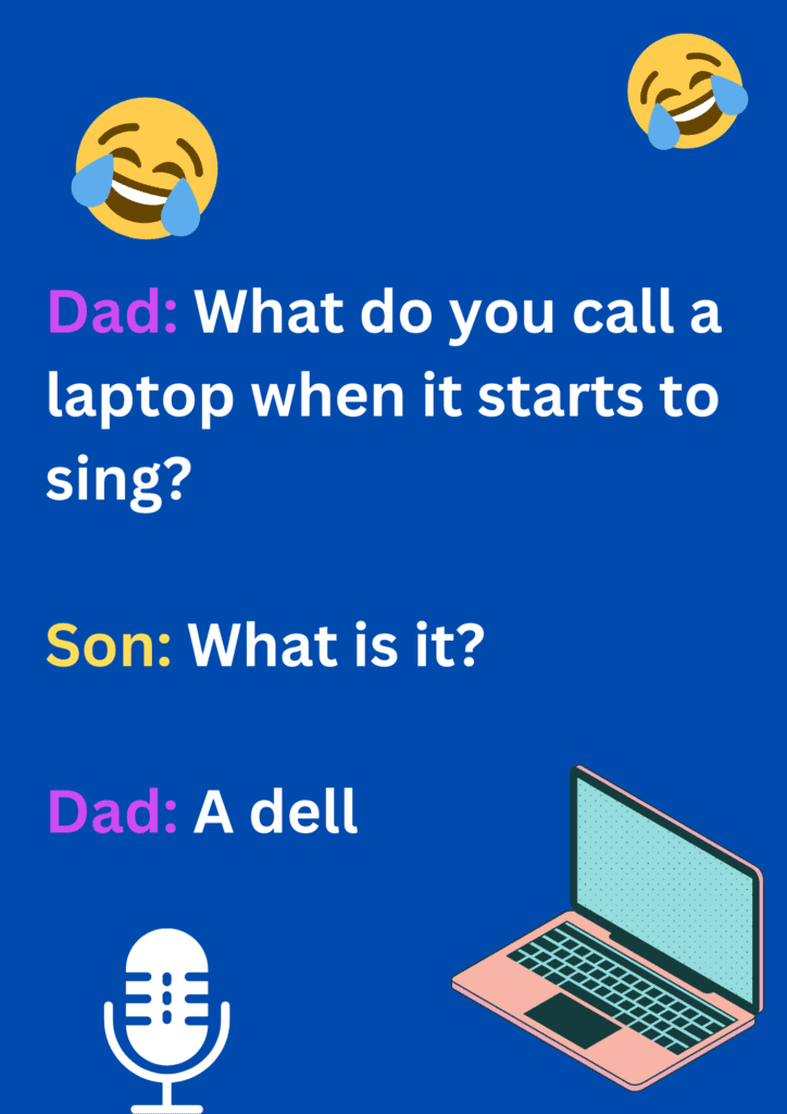 Joke between dad and son about a singing laptop, on a blue background. The image has text and images. 