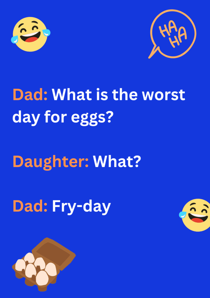 Funny dad joke about worst day for eggs, on purple background. The image has text and emoticons, 