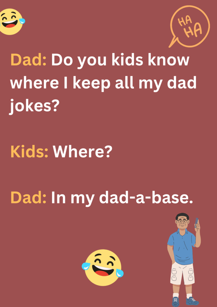Dad joke about dads keeping all their dad jokes in a database. The image has text and emoticons.